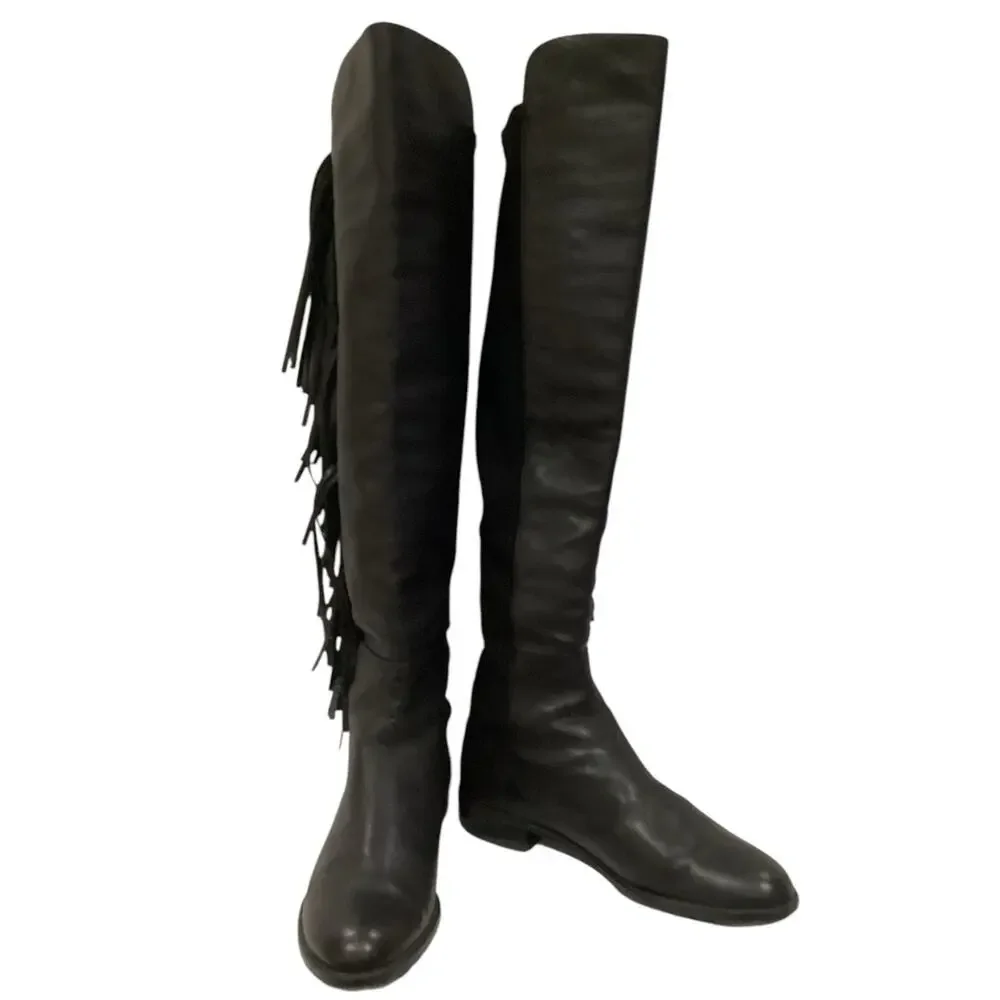Stuart Weitzman 5050 Fringe Over The‎ Knee Boot Black Nappa Leather Size 7